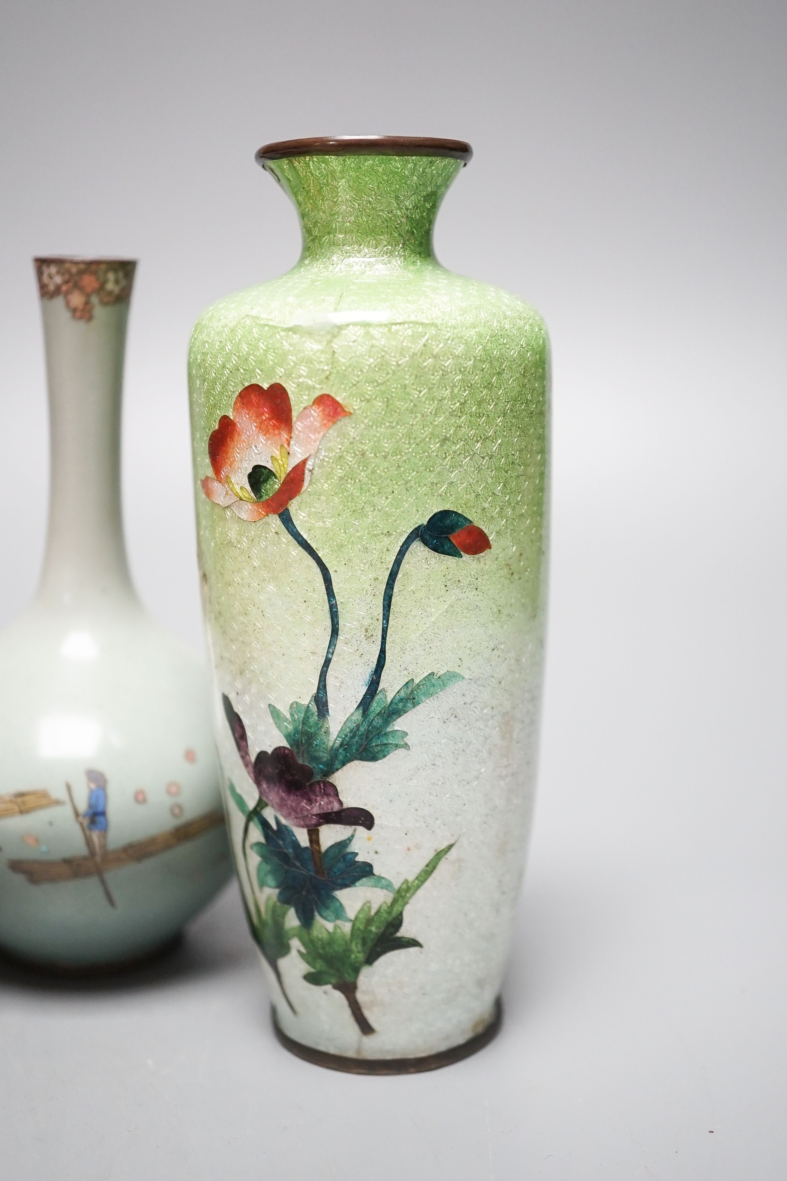 Four Japanese cloisonné enamel vases (three ginbari), tallest 14.5cm and two Kutani saucers, Meiji period (6)